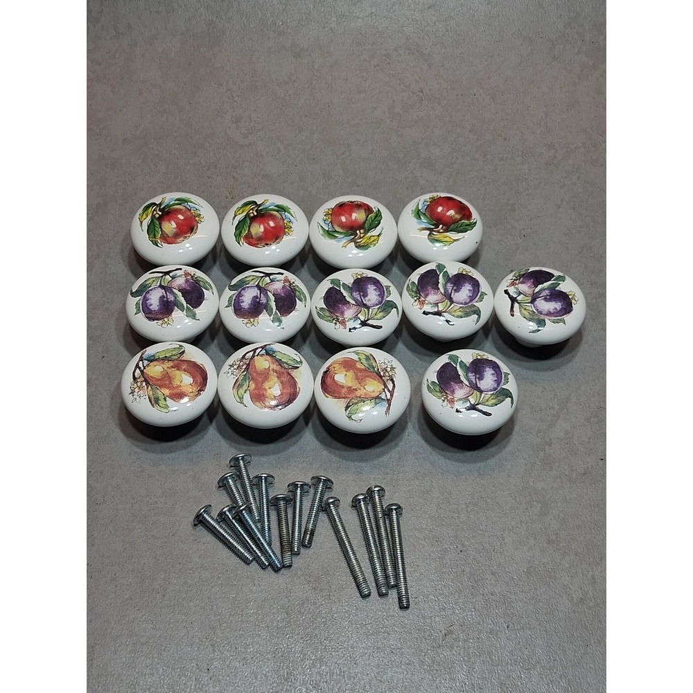 13pc Antique White Porcelain Cabinet Knobs Round Apple Pear Plums